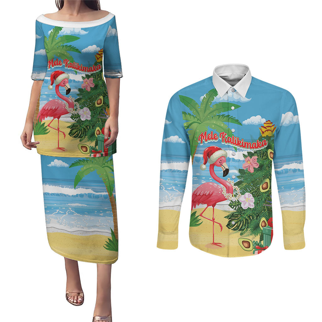 Flamingo Hawaii Summer Christmas Personalized Couples Matching Puletasi and Long Sleeve Button Shirt Mele Kalikimaka Beachy Vibes