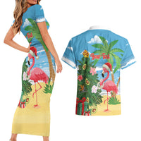 Flamingo Hawaii Summer Christmas Personalized Couples Matching Short Sleeve Bodycon Dress and Hawaiian Shirt Mele Kalikimaka Beachy Vibes