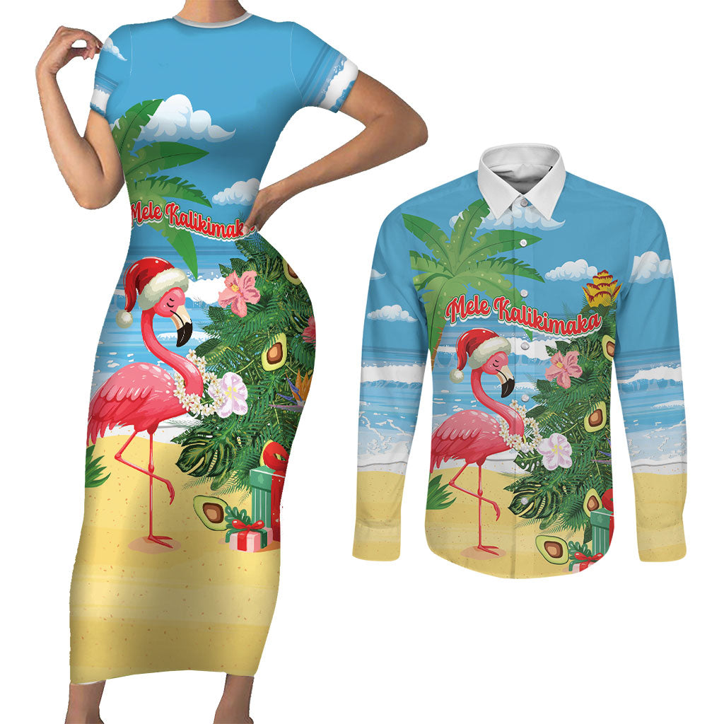 Flamingo Hawaii Summer Christmas Personalized Couples Matching Short Sleeve Bodycon Dress and Long Sleeve Button Shirt Mele Kalikimaka Beachy Vibes