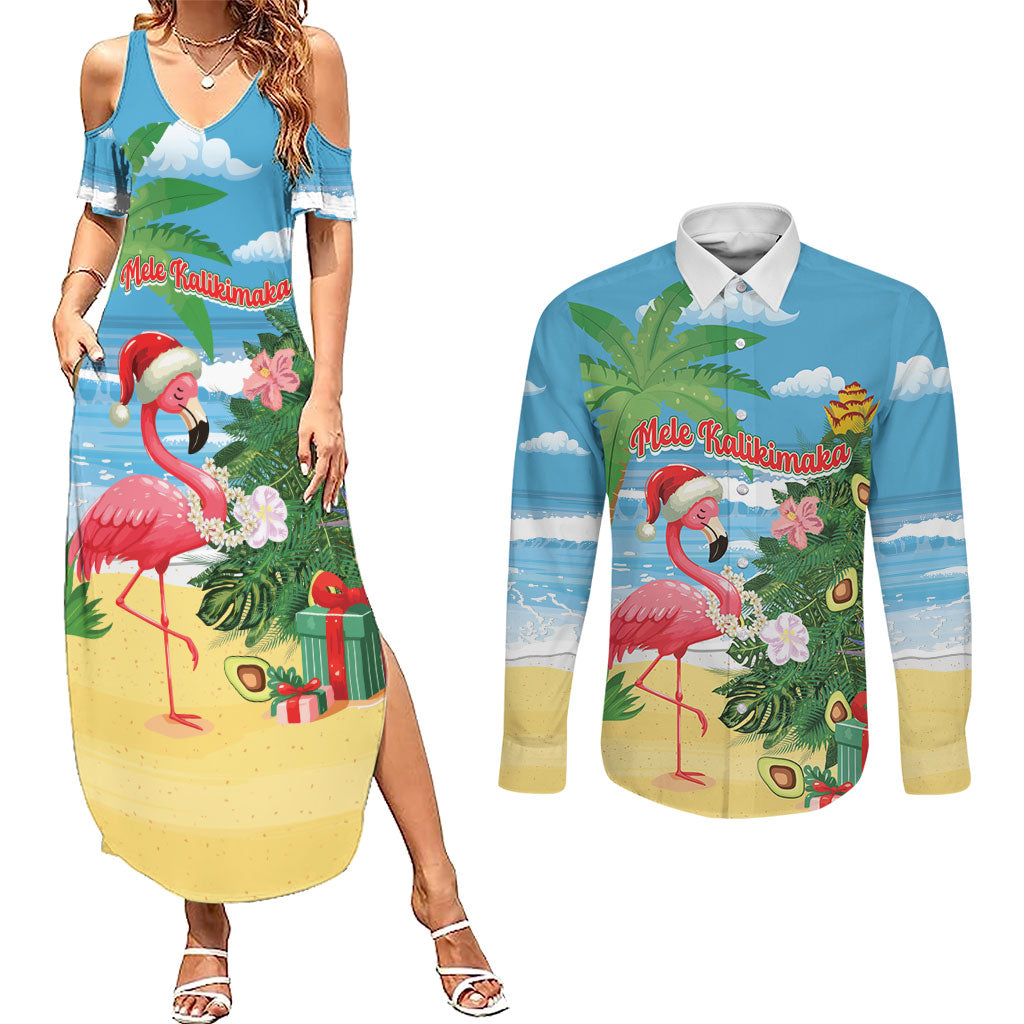 Flamingo Hawaii Summer Christmas Personalized Couples Matching Summer Maxi Dress and Long Sleeve Button Shirt Mele Kalikimaka Beachy Vibes LT14 Blue - Polynesian Pride