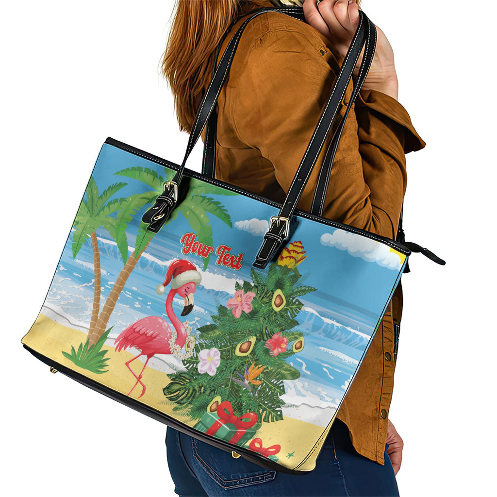 Flamingo Hawaii Summer Christmas Personalized Leather Tote Bag Mele Kalikimaka Beachy Vibes