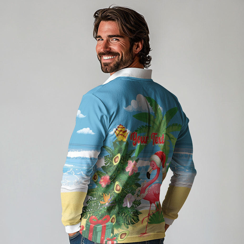 Flamingo Hawaii Summer Christmas Personalized Long Sleeve Polo Shirt Mele Kalikimaka Beachy Vibes