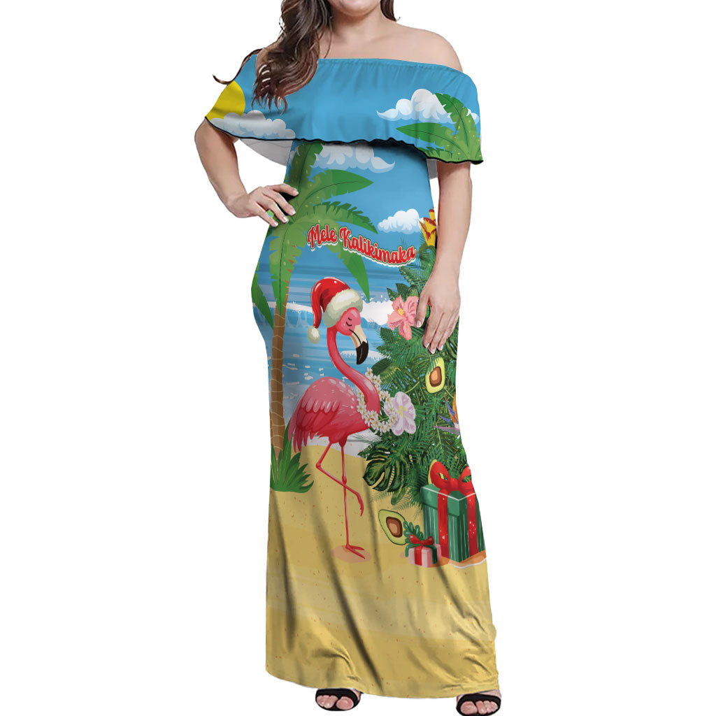 Flamingo Hawaii Summer Christmas Personalized Off Shoulder Maxi Dress Mele Kalikimaka Beachy Vibes LT14 Women Blue - Polynesian Pride