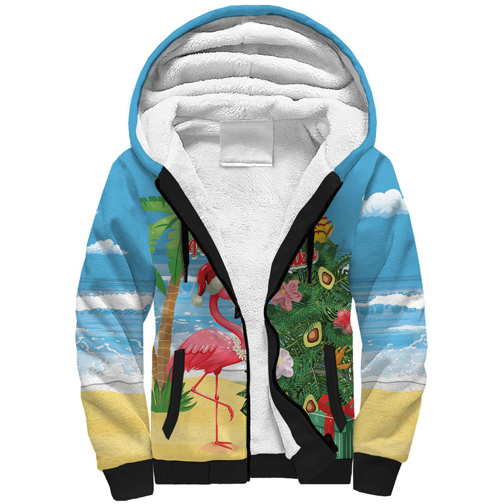 Flamingo Hawaii Summer Christmas Personalized Sherpa Hoodie Mele Kalikimaka Beachy Vibes