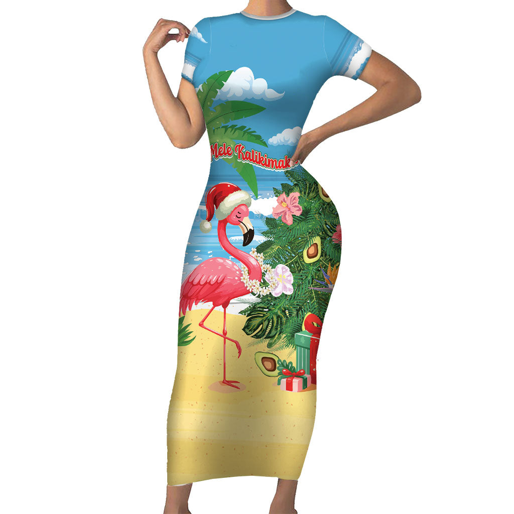 Flamingo Hawaii Summer Christmas Personalized Short Sleeve Bodycon Dress Mele Kalikimaka Beachy Vibes LT14 Long Dress Blue - Polynesian Pride