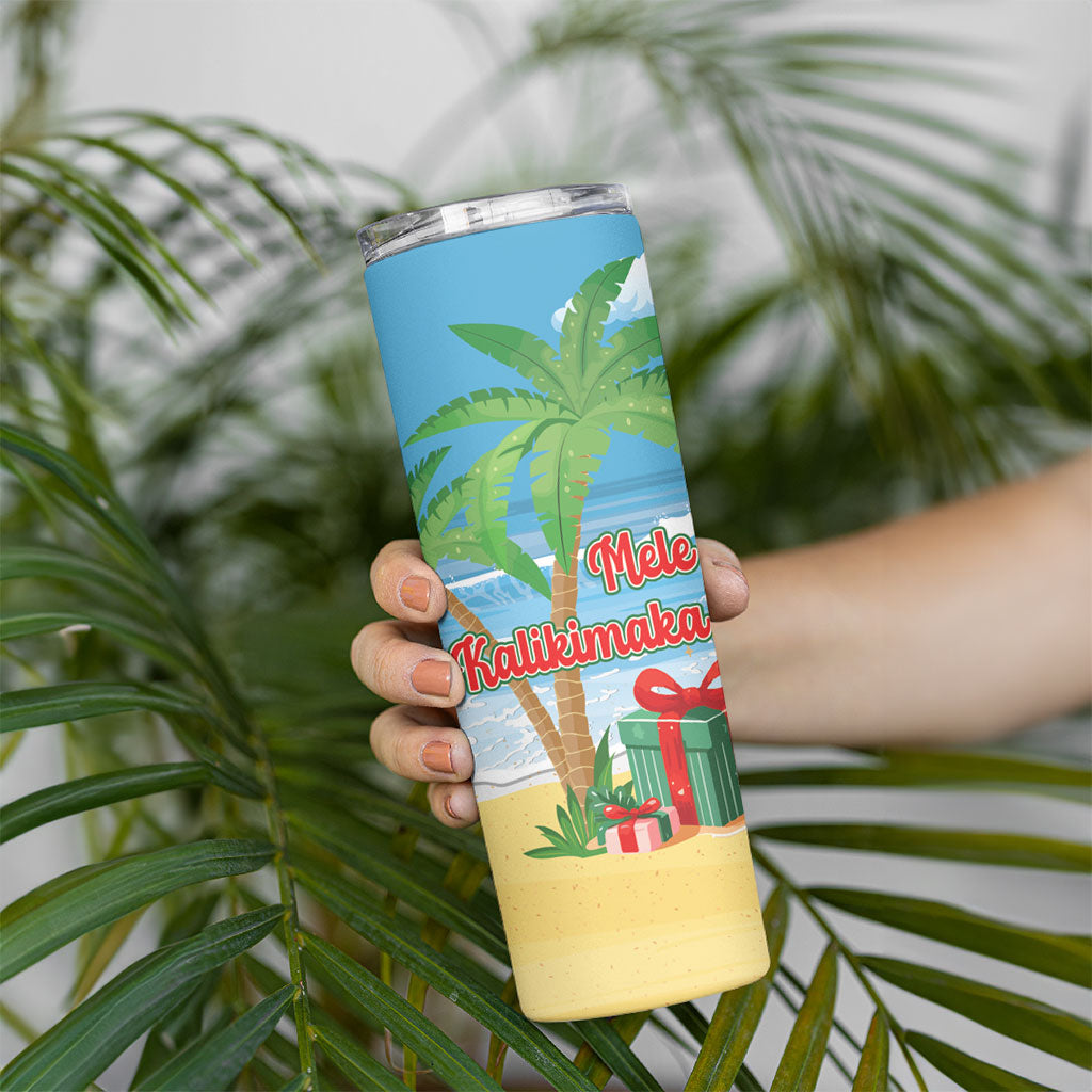Flamingo Hawaii Summer Christmas Personalized Skinny Tumbler Mele Kalikimaka Beachy Vibes