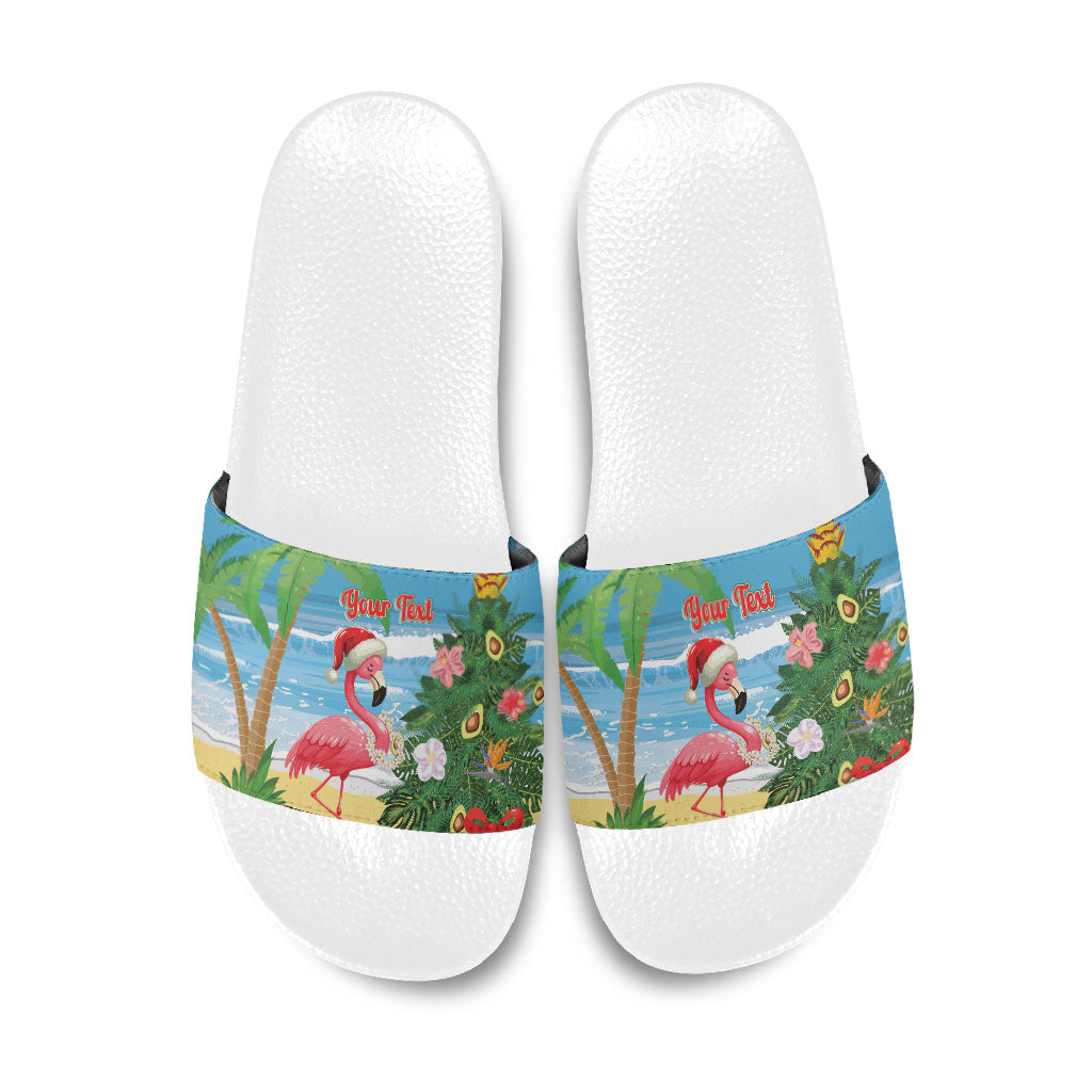 Flamingo Hawaii Summer Christmas Personalized Slide Sandals Mele Kalikimaka Beachy Vibes