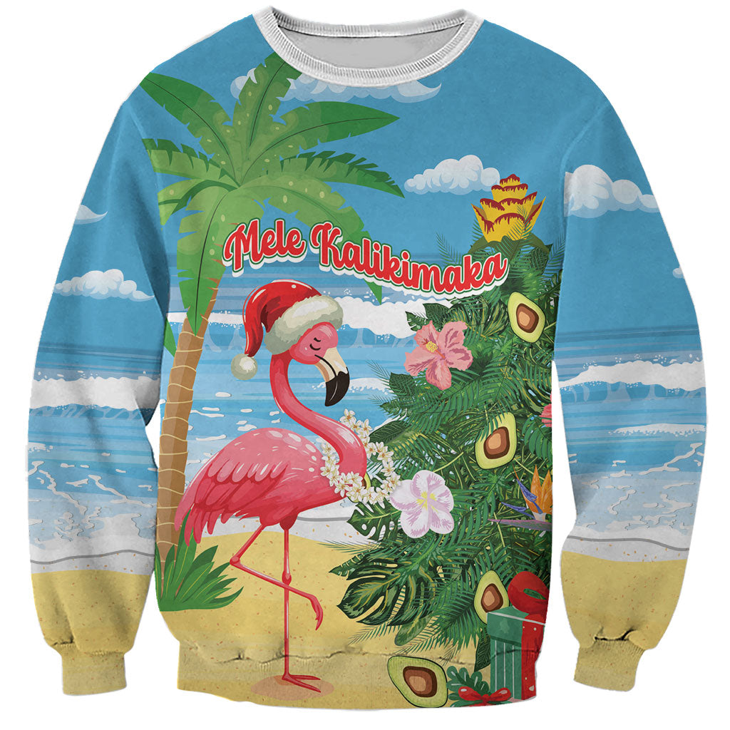 Flamingo Hawaii Summer Christmas Personalized Sweatshirt Mele Kalikimaka Beachy Vibes LT14 Unisex Blue - Polynesian Pride