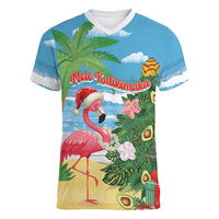 Flamingo Hawaii Summer Christmas Personalized Women V-Neck T-Shirt Mele Kalikimaka Beachy Vibes