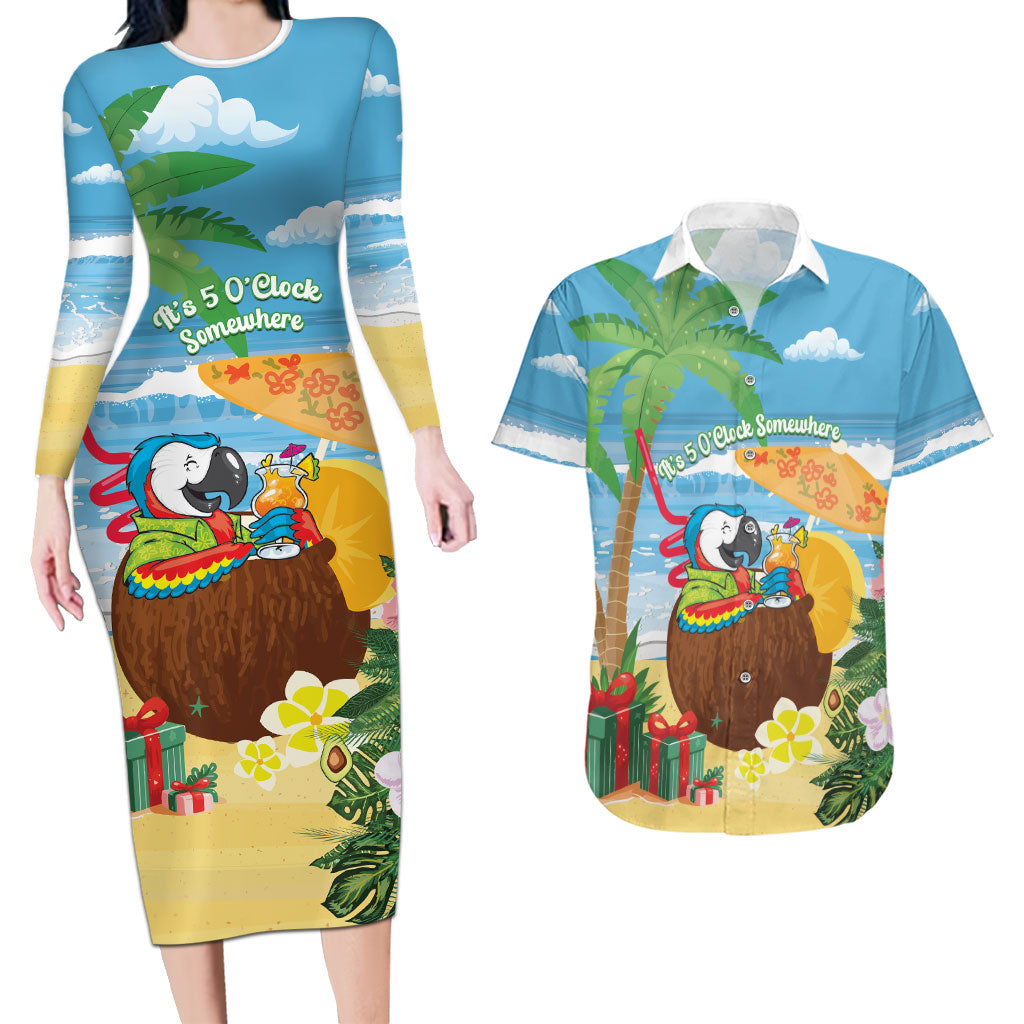 Chilling Parrot Hawaii Summer Christmas Personalized Couples Matching Long Sleeve Bodycon Dress and Hawaiian Shirt It's 5 O'Clock Somewhere Beachy Vibes