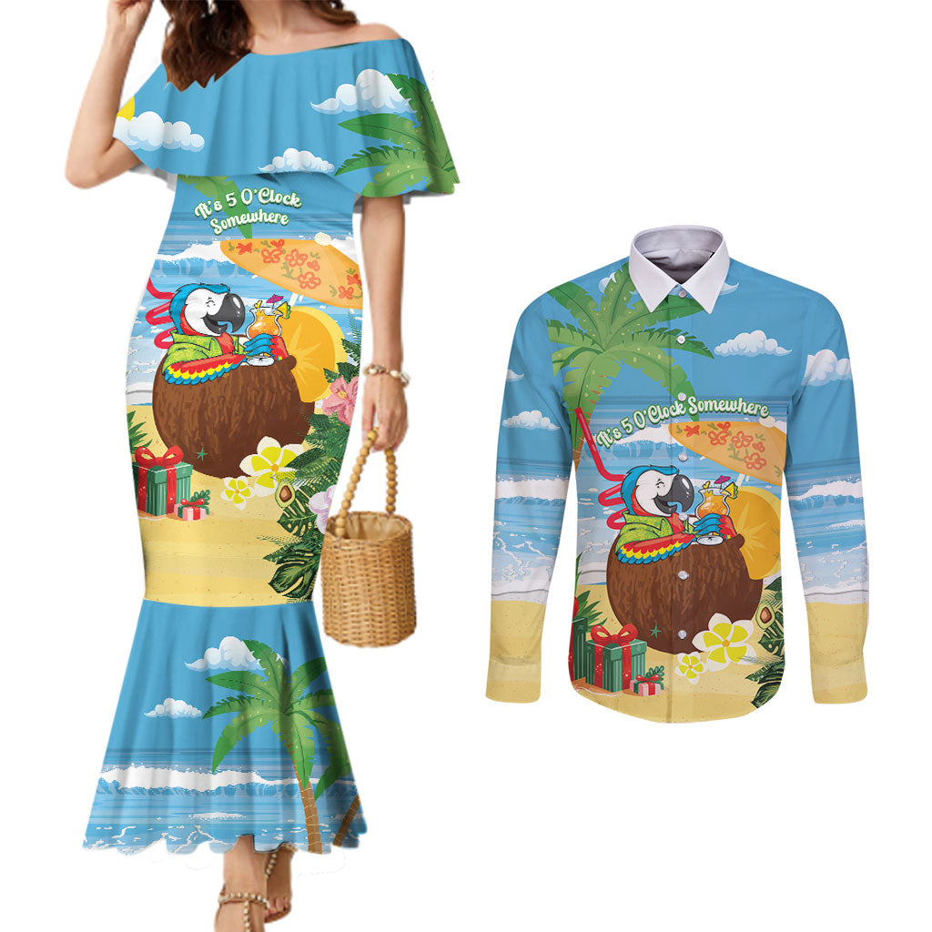 Chilling Parrot Hawaii Summer Christmas Personalized Couples Matching Mermaid Dress and Long Sleeve Button Shirt It's 5 O'Clock Somewhere Beachy Vibes LT14 Blue - Polynesian Pride