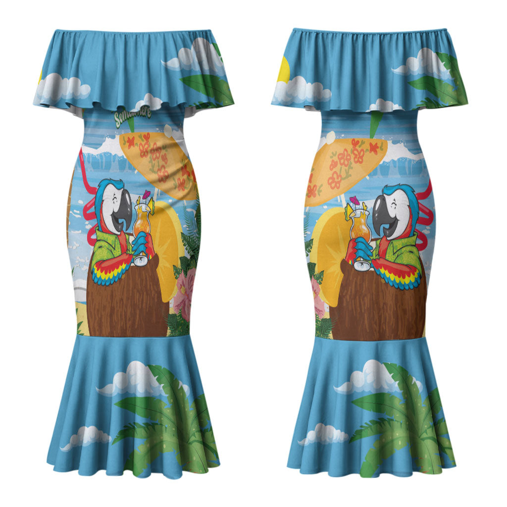 Chilling Parrot Hawaii Summer Christmas Personalized Couples Matching Mermaid Dress and Long Sleeve Button Shirt It's 5 O'Clock Somewhere Beachy Vibes LT14 - Polynesian Pride