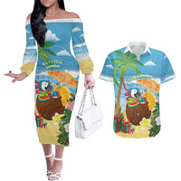 Chilling Parrot Hawaii Summer Christmas Personalized Couples Matching Off The Shoulder Long Sleeve Dress and Hawaiian Shirt It's 5 O'Clock Somewhere Beachy Vibes
