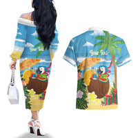 Chilling Parrot Hawaii Summer Christmas Personalized Couples Matching Off The Shoulder Long Sleeve Dress and Hawaiian Shirt It's 5 O'Clock Somewhere Beachy Vibes