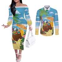 Chilling Parrot Hawaii Summer Christmas Personalized Couples Matching Off The Shoulder Long Sleeve Dress and Long Sleeve Button Shirt It's 5 O'Clock Somewhere Beachy Vibes