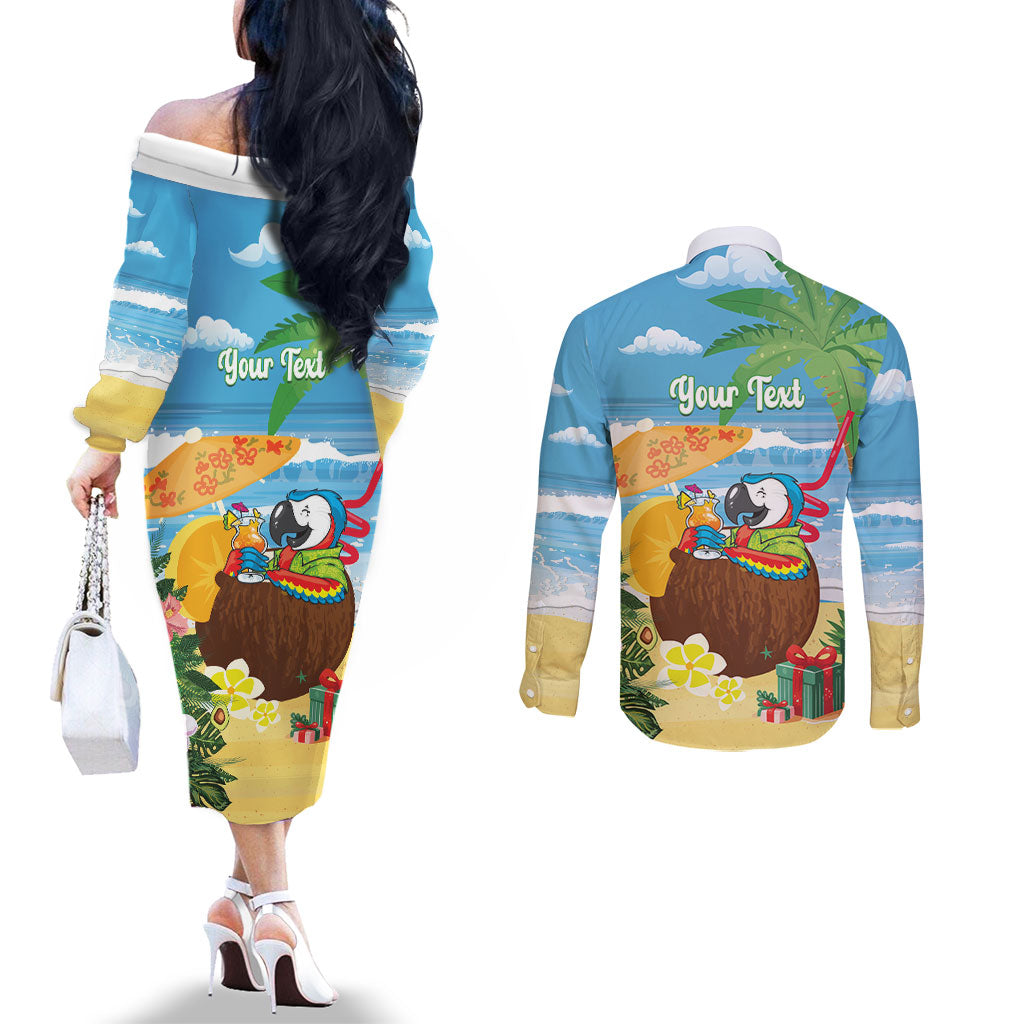 Chilling Parrot Hawaii Summer Christmas Personalized Couples Matching Off The Shoulder Long Sleeve Dress and Long Sleeve Button Shirt It's 5 O'Clock Somewhere Beachy Vibes
