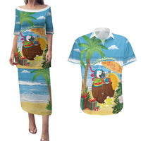 Chilling Parrot Hawaii Summer Christmas Personalized Couples Matching Puletasi and Hawaiian Shirt It's 5 O'Clock Somewhere Beachy Vibes