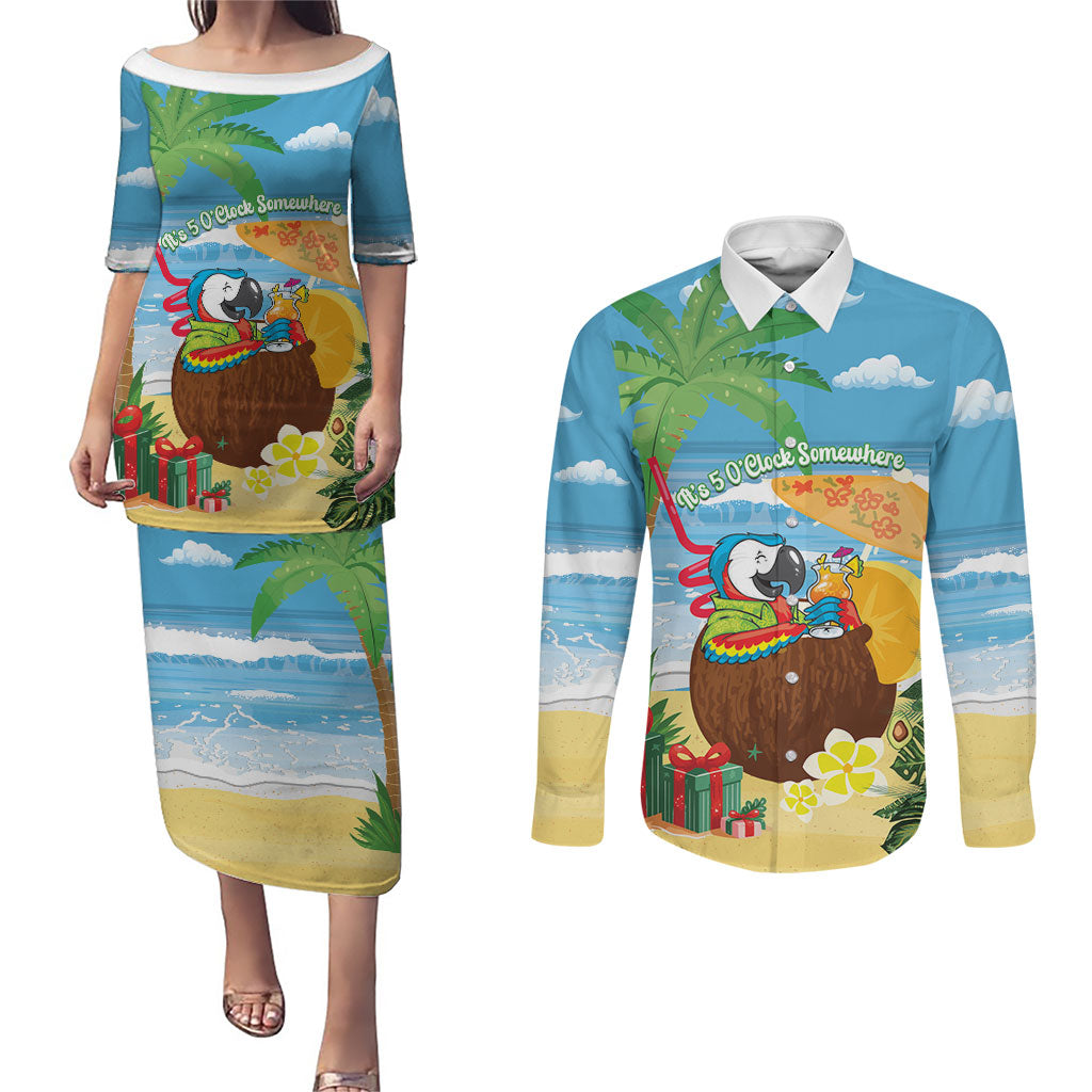 Chilling Parrot Hawaii Summer Christmas Personalized Couples Matching Puletasi and Long Sleeve Button Shirt It's 5 O'Clock Somewhere Beachy Vibes LT14 Blue - Polynesian Pride