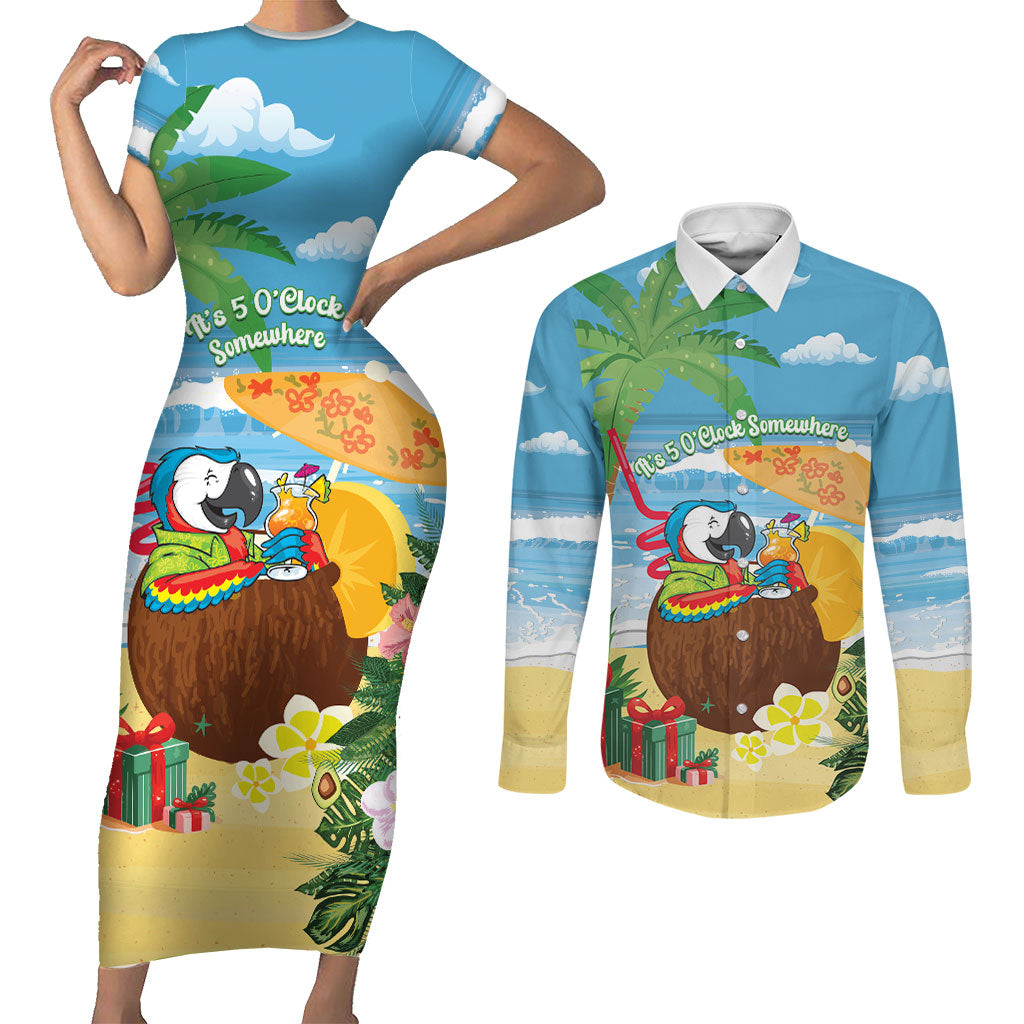 Chilling Parrot Hawaii Summer Christmas Personalized Couples Matching Short Sleeve Bodycon Dress and Long Sleeve Button Shirt It's 5 O'Clock Somewhere Beachy Vibes LT14 Blue - Polynesian Pride