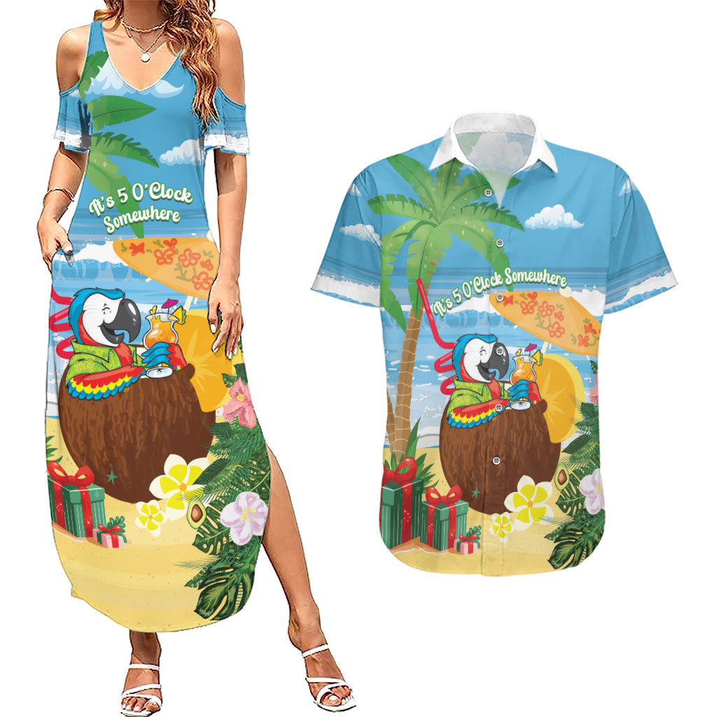 Chilling Parrot Hawaii Summer Christmas Personalized Couples Matching Summer Maxi Dress and Hawaiian Shirt It's 5 O'Clock Somewhere Beachy Vibes LT14 Blue - Polynesian Pride
