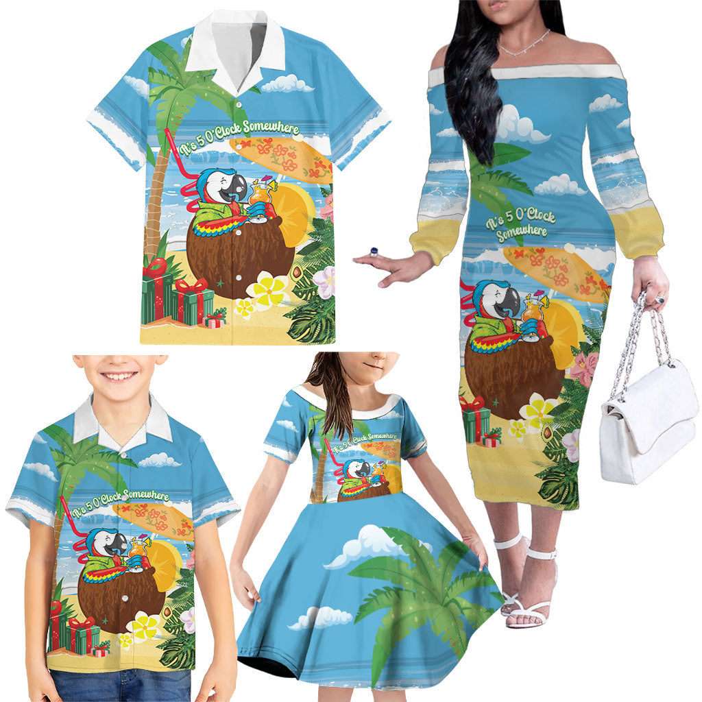Chilling Parrot Hawaii Summer Christmas Personalized Family Matching Off The Shoulder Long Sleeve Dress and Hawaiian Shirt It's 5 O'Clock Somewhere Beachy Vibes LT14 - Polynesian Pride