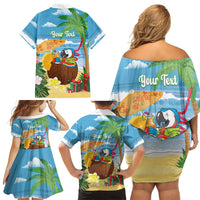 Chilling Parrot Hawaii Summer Christmas Personalized Family Matching Off Shoulder Short Dress and Hawaiian Shirt It's 5 O'Clock Somewhere Beachy Vibes