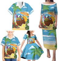 Chilling Parrot Hawaii Summer Christmas Personalized Family Matching Puletasi and Hawaiian Shirt It's 5 O'Clock Somewhere Beachy Vibes