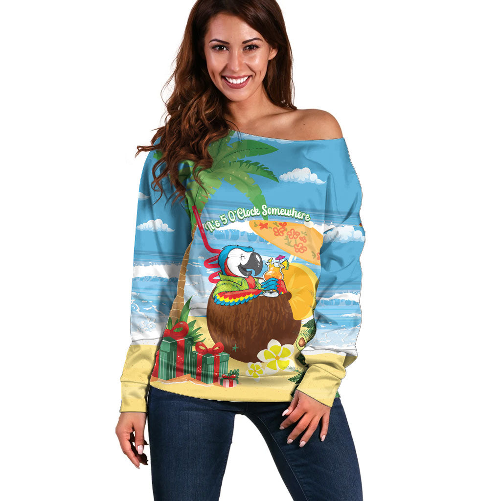 Chilling Parrot Hawaii Summer Christmas Personalized Off Shoulder Sweater It's 5 O'Clock Somewhere Beachy Vibes