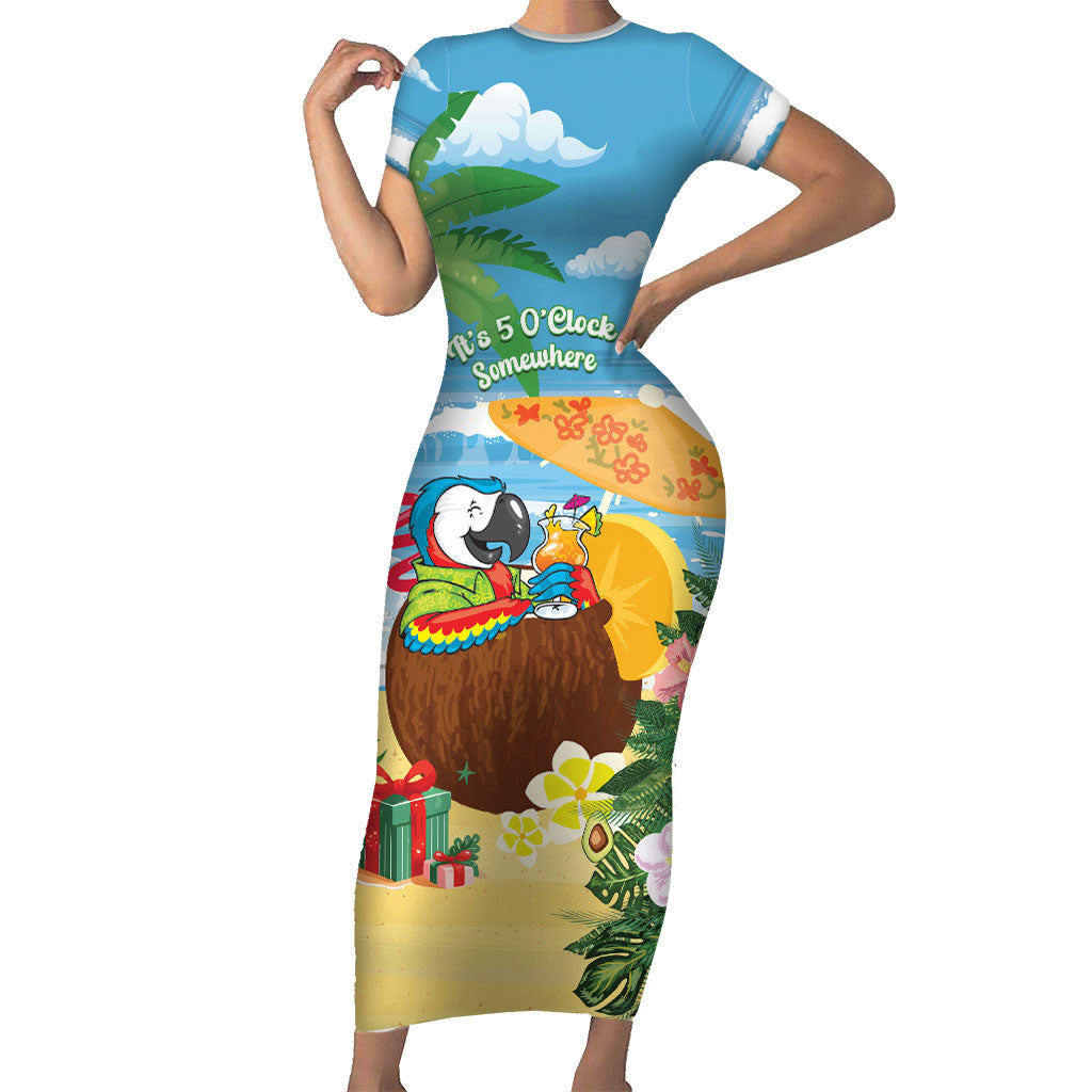 Chilling Parrot Hawaii Summer Christmas Personalized Short Sleeve Bodycon Dress It's 5 O'Clock Somewhere Beachy Vibes