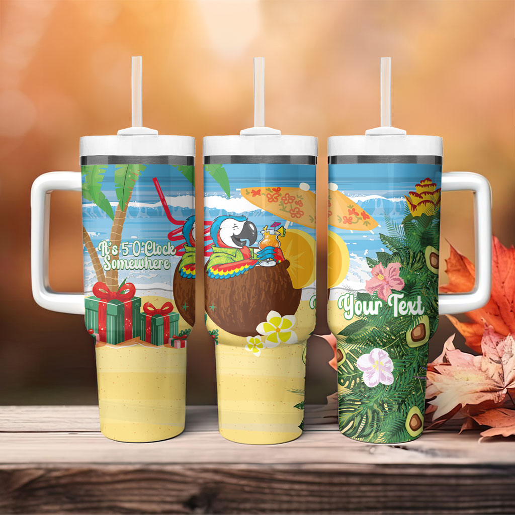 Chilling Parrot Hawaii Summer Christmas Personalized Tumbler With Handle It's 5 O'Clock Somewhere Beachy Vibes