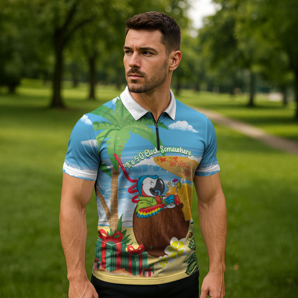 Chilling Parrot Hawaii Summer Christmas Personalized Zipper Polo Shirt It's 5 O'Clock Somewhere Beachy Vibes