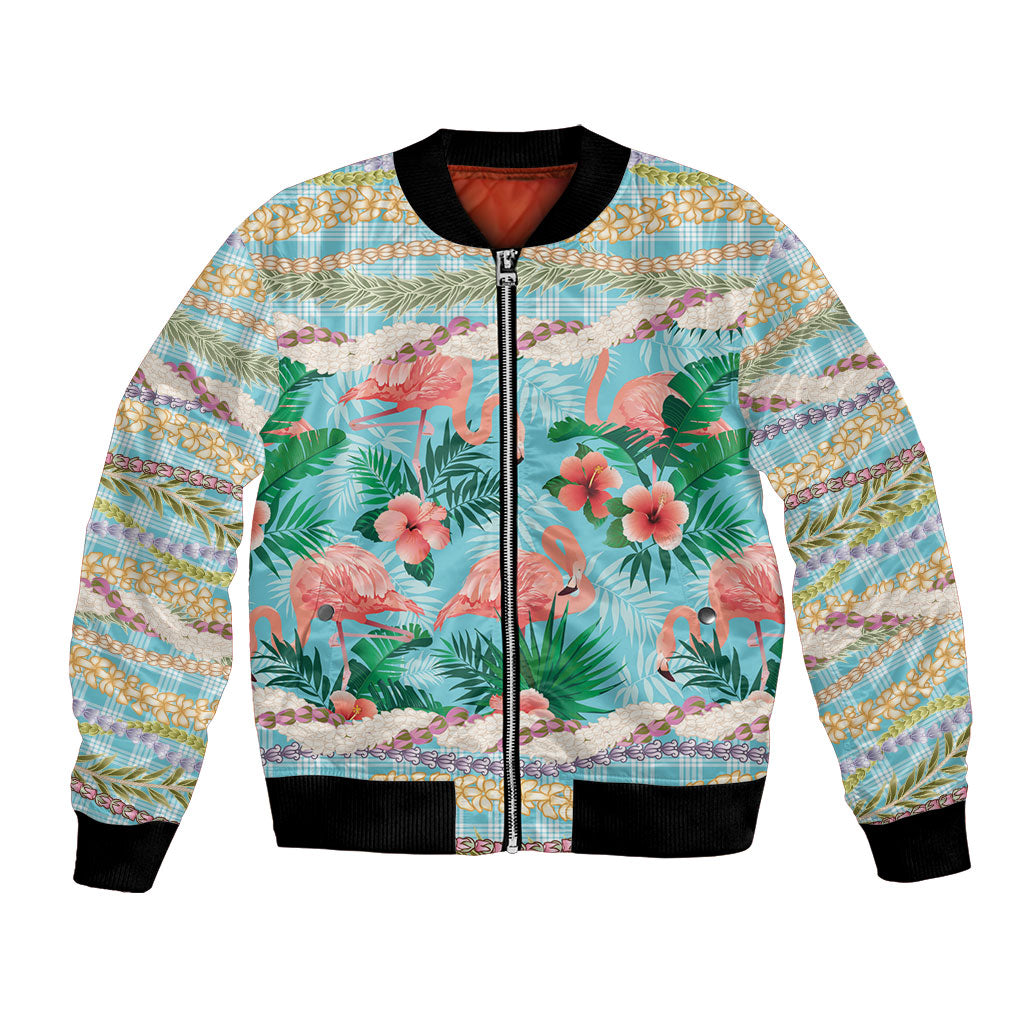 Flamingo Hawaii Summer Bomber Jacket Hawaiian Lei Pakala Motifs Tropical Style LT14 Unisex Cyan - Polynesian Pride
