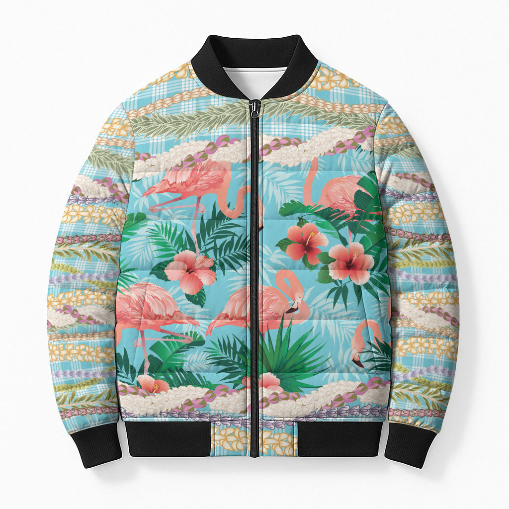Flamingo Hawaii Summer Bomber Puffer Jacket Hawaiian Lei Pakala Motifs Tropical Style