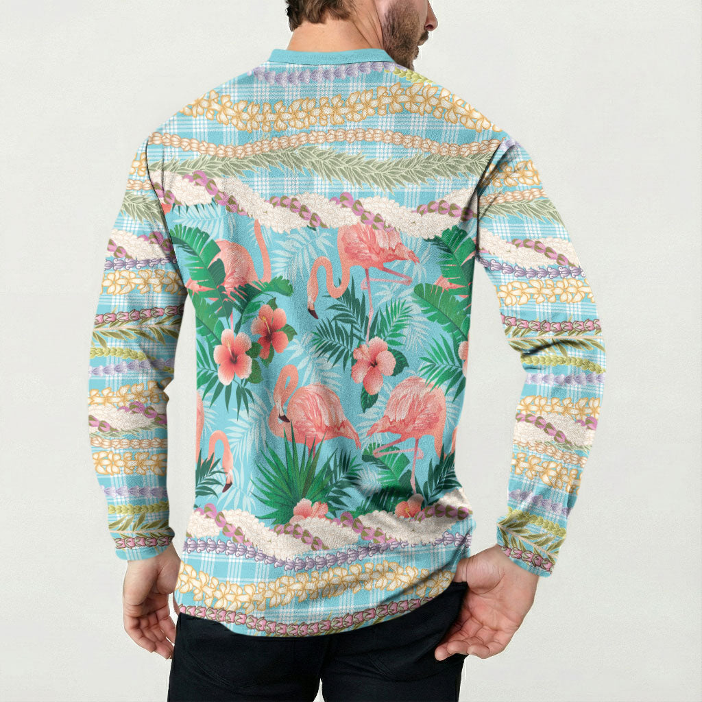 Flamingo Hawaii Summer Button Sweatshirt Hawaiian Lei Pakala Motifs Tropical Style