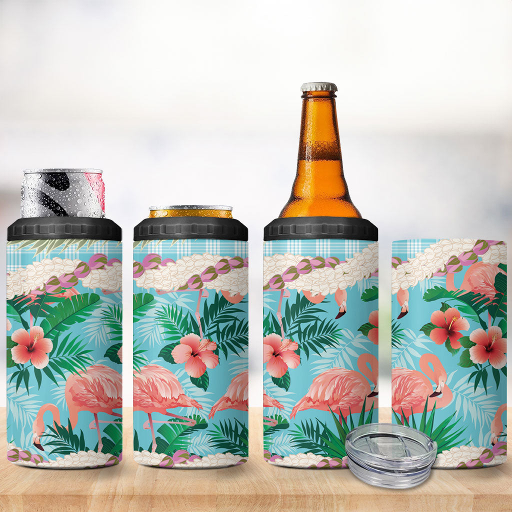 Flamingo Hawaii Summer 4 in 1 Can Cooler Tumbler Hawaiian Lei Pakala Motifs Tropical Style