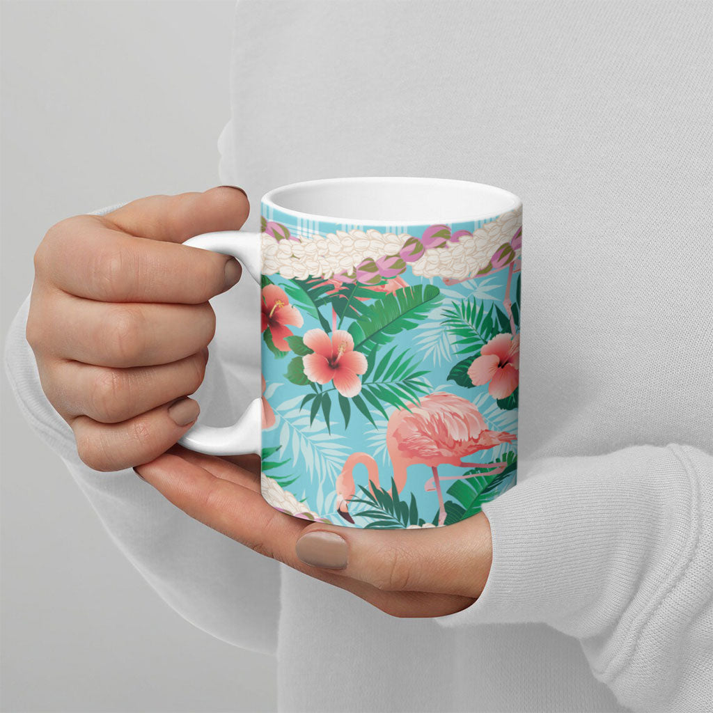 Flamingo Hawaii Summer Ceramic Mug Hawaiian Lei Pakala Motifs Tropical Style