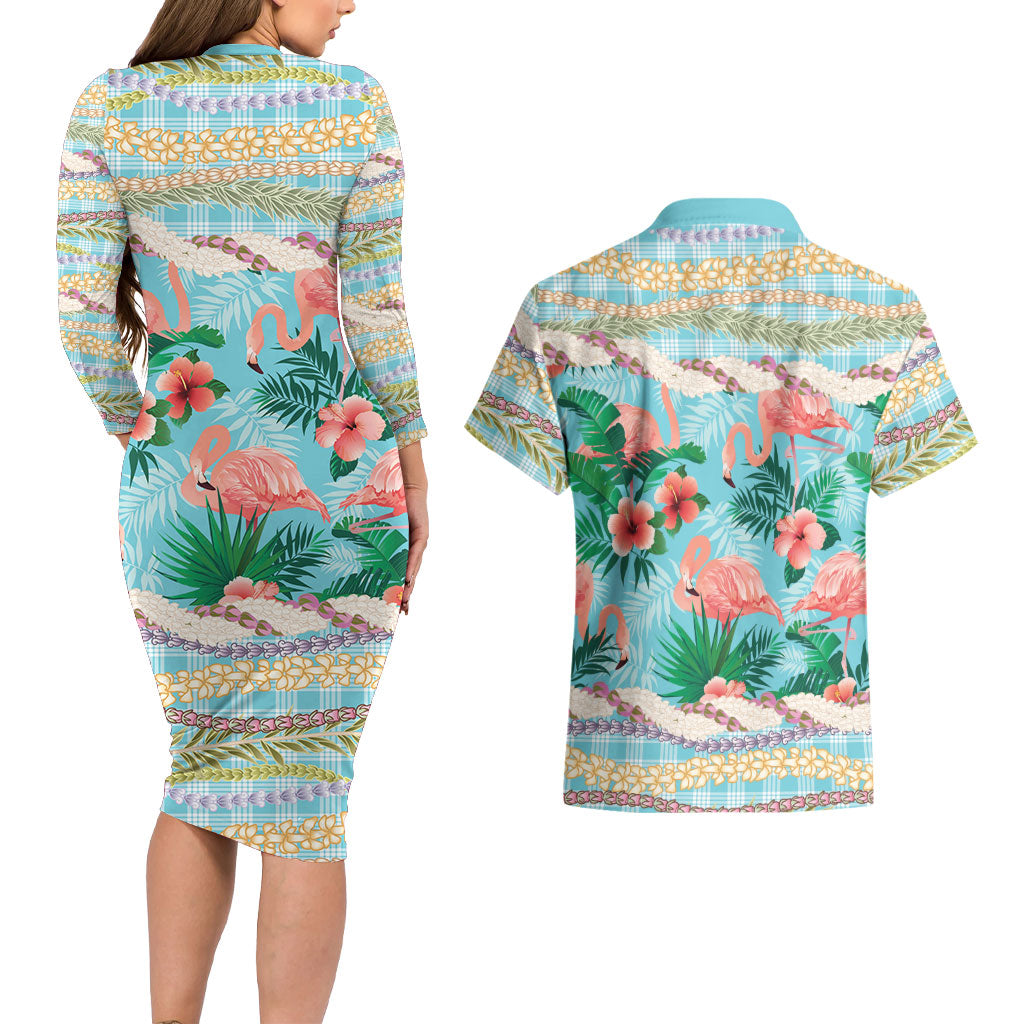 Flamingo Hawaii Summer Couples Matching Long Sleeve Bodycon Dress and Hawaiian Shirt Hawaiian Lei Pakala Motifs Tropical Style