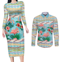 Flamingo Hawaii Summer Couples Matching Long Sleeve Bodycon Dress and Long Sleeve Button Shirt Hawaiian Lei Pakala Motifs Tropical Style