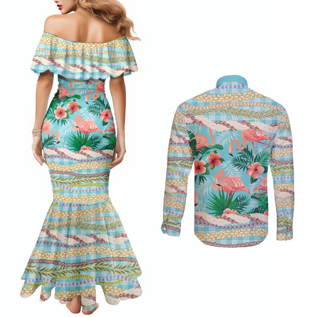 Flamingo Hawaii Summer Couples Matching Mermaid Dress and Long Sleeve Button Shirt Hawaiian Lei Pakala Motifs Tropical Style