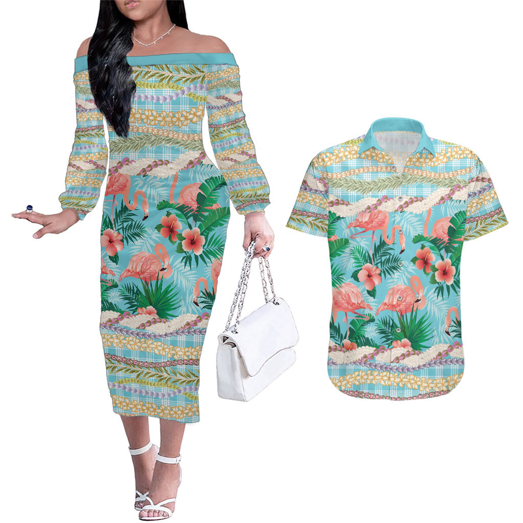 Flamingo Hawaii Summer Couples Matching Off The Shoulder Long Sleeve Dress and Hawaiian Shirt Hawaiian Lei Pakala Motifs Tropical Style
