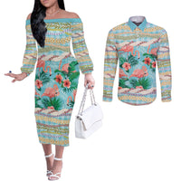 Flamingo Hawaii Summer Couples Matching Off The Shoulder Long Sleeve Dress and Long Sleeve Button Shirt Hawaiian Lei Pakala Motifs Tropical Style