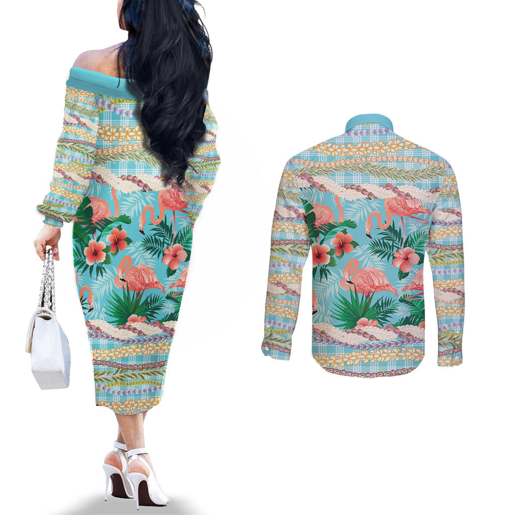 Flamingo Hawaii Summer Couples Matching Off The Shoulder Long Sleeve Dress and Long Sleeve Button Shirt Hawaiian Lei Pakala Motifs Tropical Style