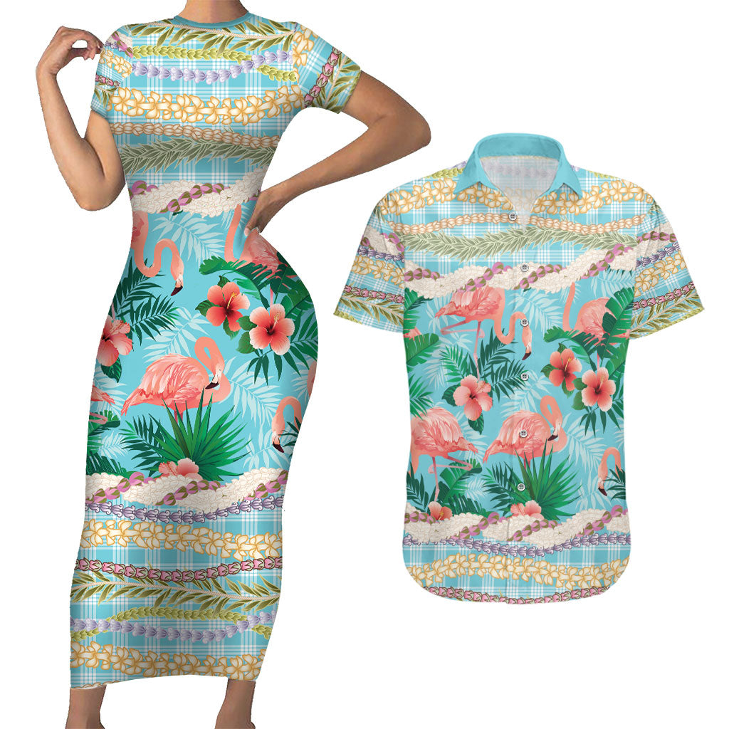 Flamingo Hawaii Summer Couples Matching Short Sleeve Bodycon Dress and Hawaiian Shirt Hawaiian Lei Pakala Motifs Tropical Style