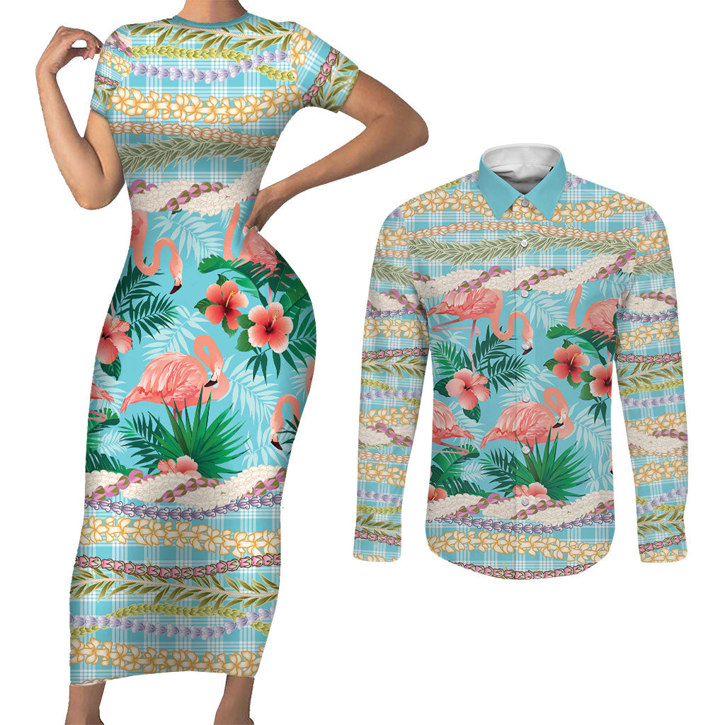 Flamingo Hawaii Summer Couples Matching Short Sleeve Bodycon Dress and Long Sleeve Button Shirt Hawaiian Lei Pakala Motifs Tropical Style LT14 Cyan - Polynesian Pride