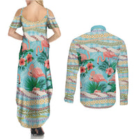 Flamingo Hawaii Summer Couples Matching Summer Maxi Dress and Long Sleeve Button Shirt Hawaiian Lei Pakala Motifs Tropical Style