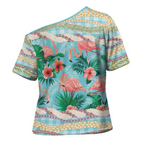 Flamingo Hawaii Summer Cross Shoulder Shirt Hawaiian Lei Pakala Motifs Tropical Style