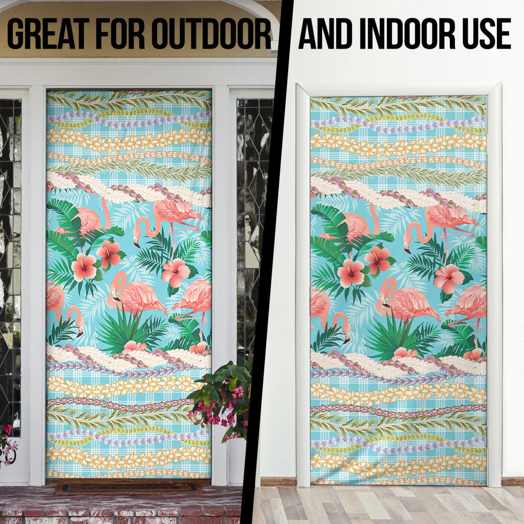 Flamingo Hawaii Summer Door Cover Hawaiian Lei Pakala Motifs Tropical Style