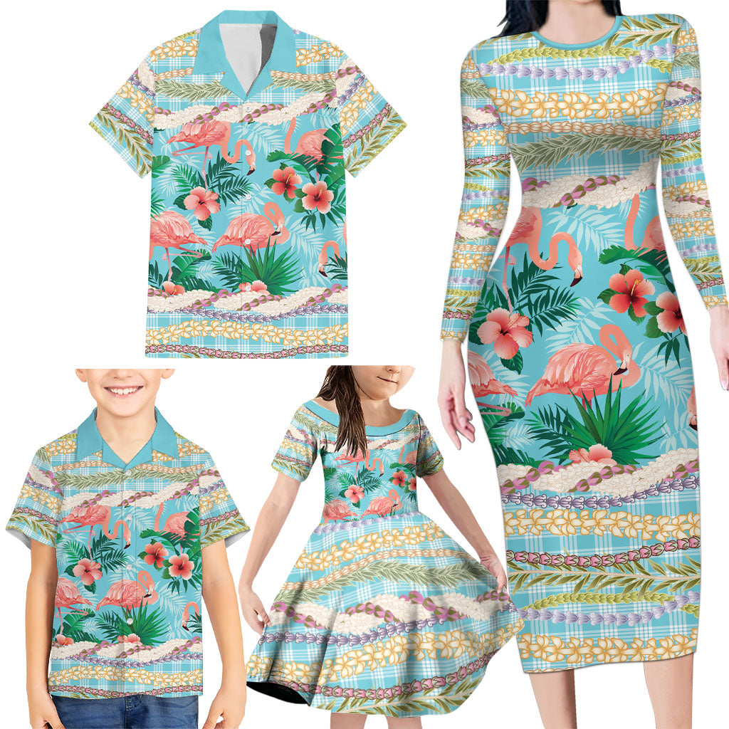 Flamingo Hawaii Summer Family Matching Long Sleeve Bodycon Dress and Hawaiian Shirt Hawaiian Lei Pakala Motifs Tropical Style