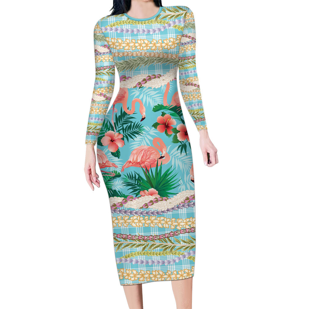Flamingo Hawaii Summer Family Matching Long Sleeve Bodycon Dress and Hawaiian Shirt Hawaiian Lei Pakala Motifs Tropical Style