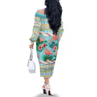 Flamingo Hawaii Summer Family Matching Off The Shoulder Long Sleeve Dress and Hawaiian Shirt Hawaiian Lei Pakala Motifs Tropical Style
